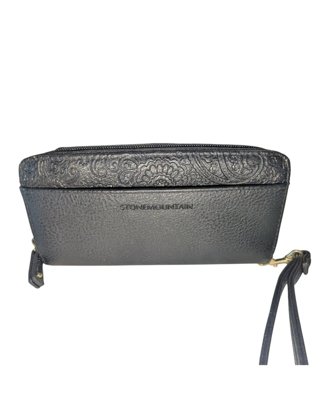 Stone Mountain Black Embossed Wristlet with Gold Accents